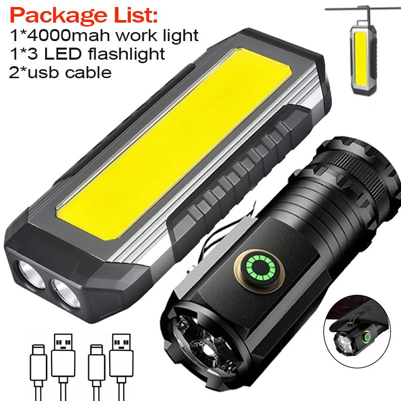 Work Rechargeable Light LED 4000MaH Portable Flashlight Magnetic Lamp 7 Modes With Hooks for Car Inspection Camping Lighting
