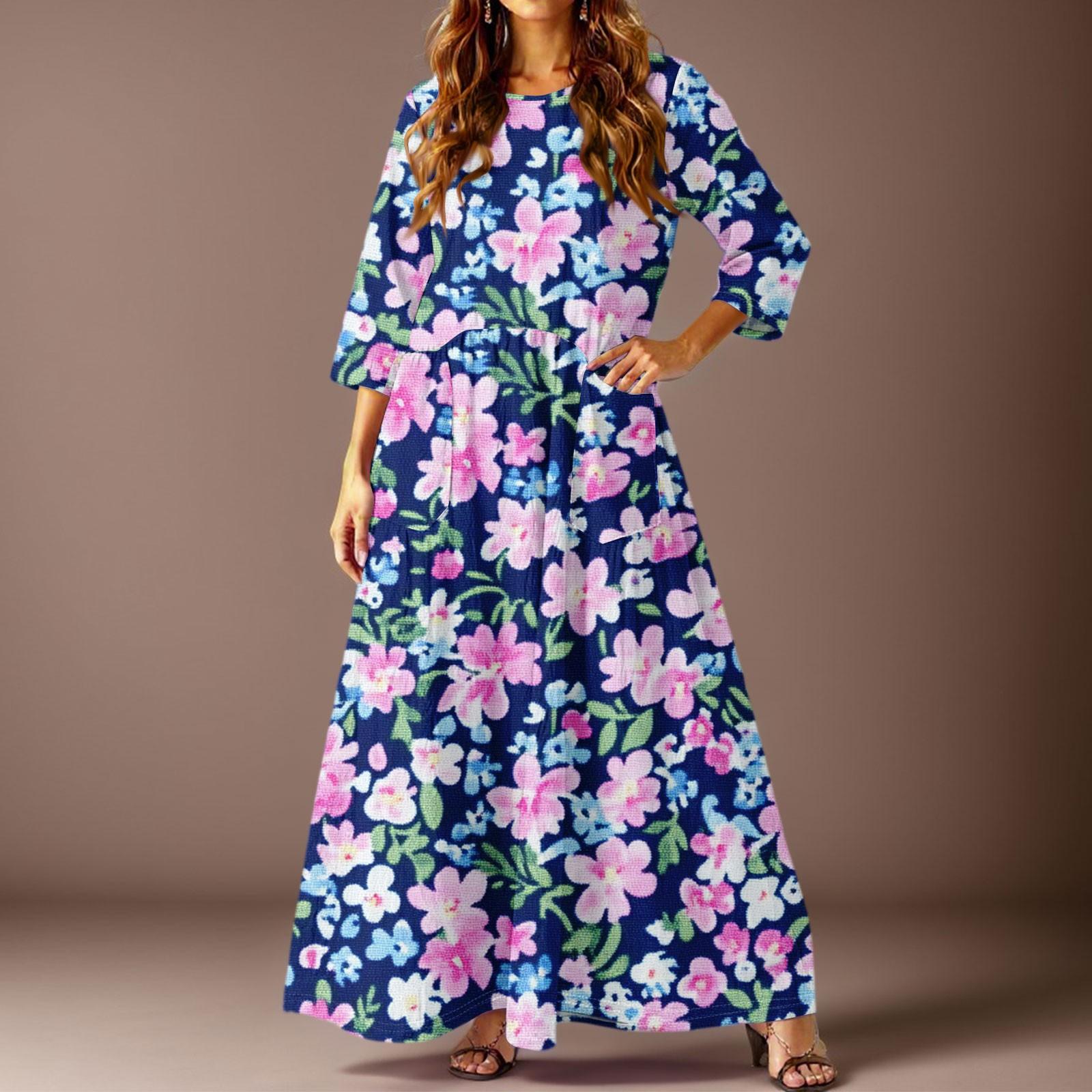 

Women s Casual Fashion Floral Print Three-quarter Sleeve Long Dress With Pockets L темно-синий