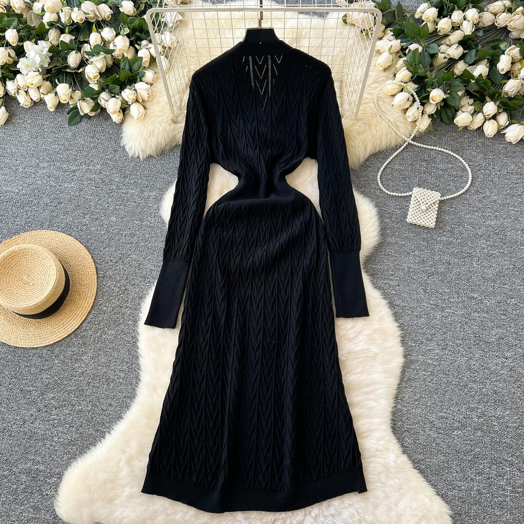 Autumn Winter Women Elegant V-neck Knitted Sweater Twist Pullover Dresses