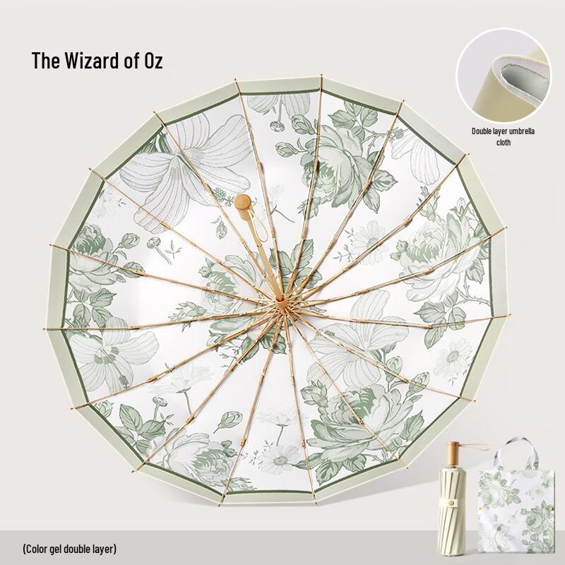 Zuoyou 16-Rib Manual Sunny & Rainy Umbrella with Retro Solid Wood Handle