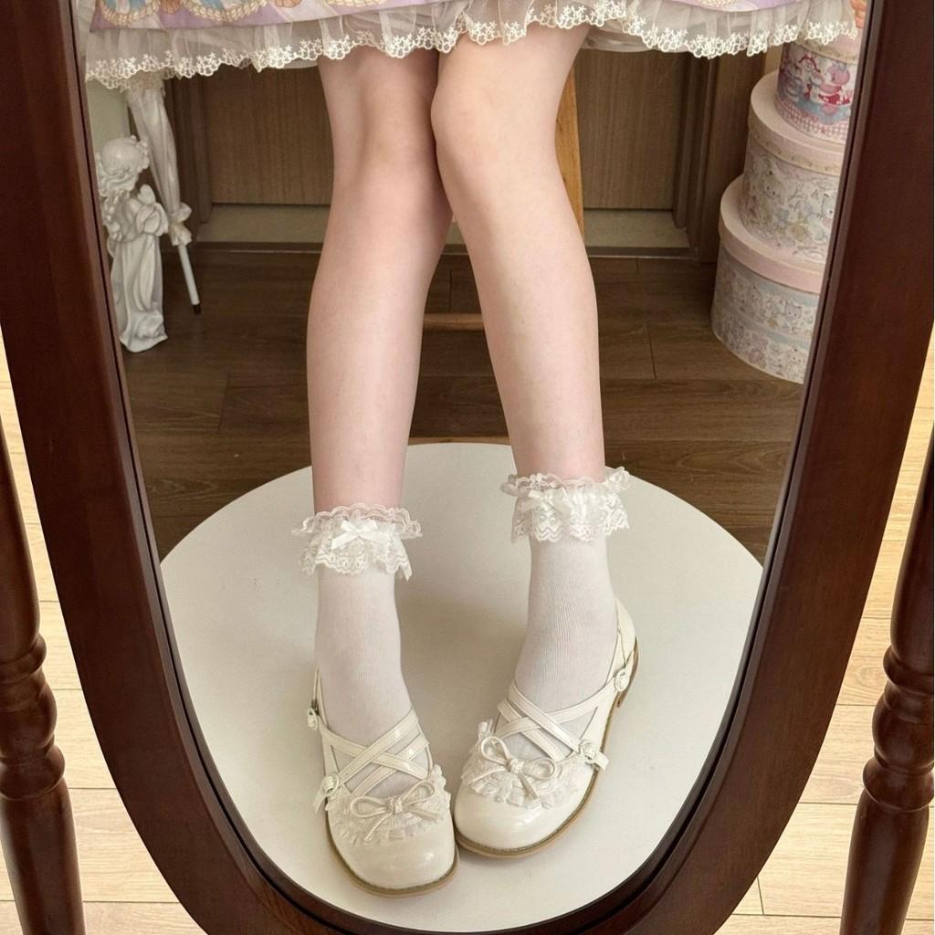 Lolita Cotton Lace Ankle Socks With Bow Embellishments For Girls