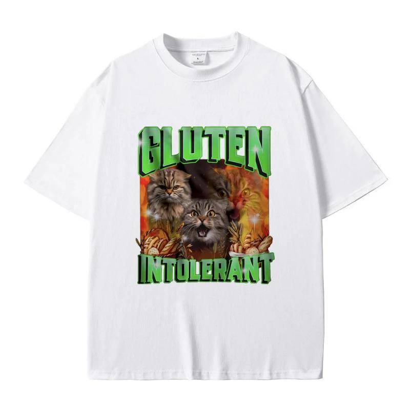 Gluten In Tolerant Cat Funny Meme Print Tshirt Male Fashion Oversized Streetwear Men Women Casual Cozy Pure Cotton Short Sleeve