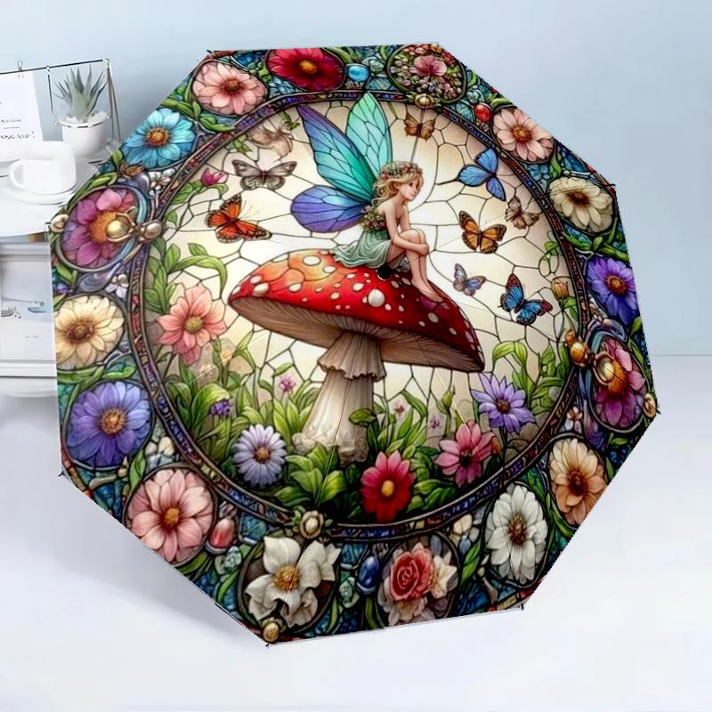 Stained Glass Fairy 8-Frame for Travel, Camping, Casual Lightweight Portable Umbrella, Essential for Every Family Holidays Birthday Gift