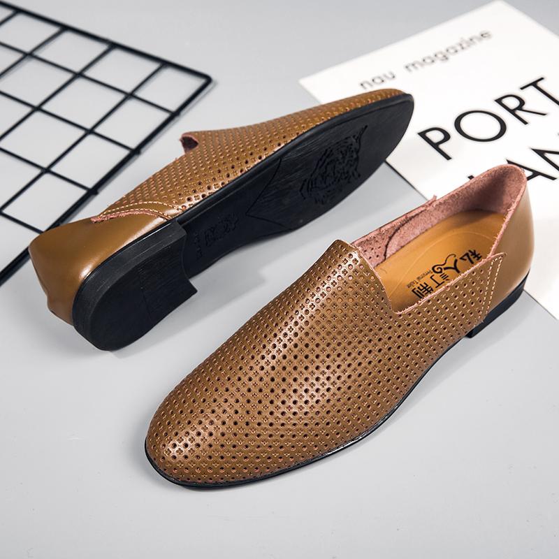 Pánské mokasíny z pravé kůže, módní pánské obchodní boty, prodyšné pánské nazouvací boty, duté boty pro řízení, letní mokasíny