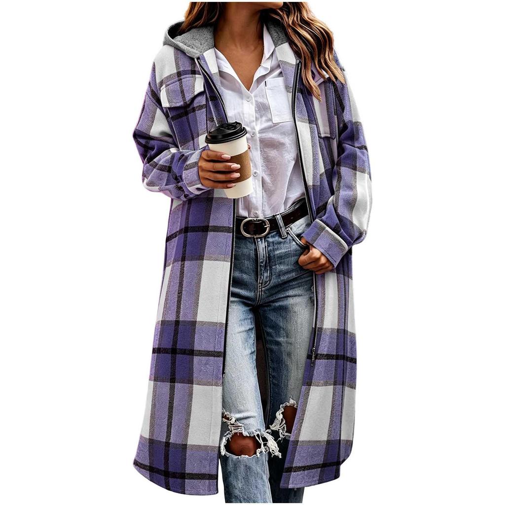 Women's Casual Loose Fit Plaid Zip-Up Hooded Jacket Long Sleeve Outerwear for Fall and Winter