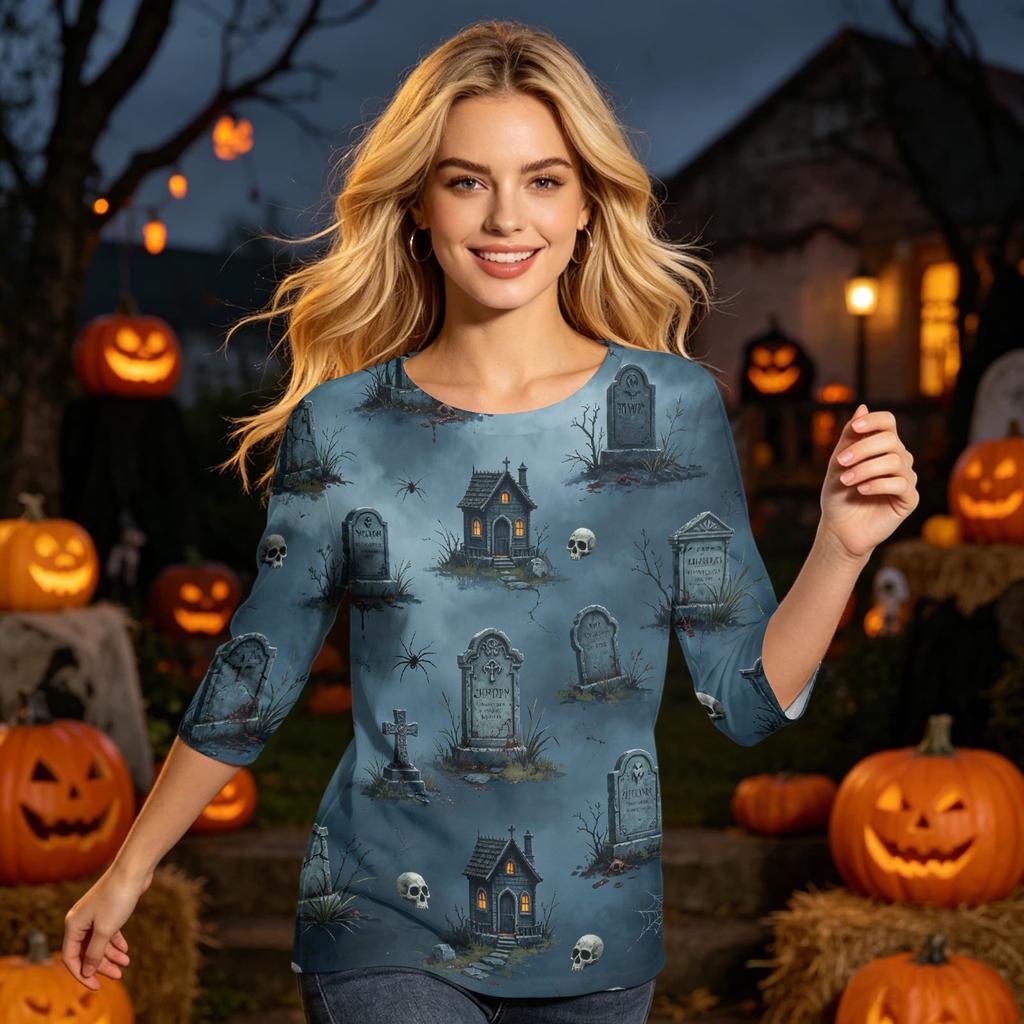 Women's Halloween Print Casual Round Neck -Quarter Sleeve for Holiday Party