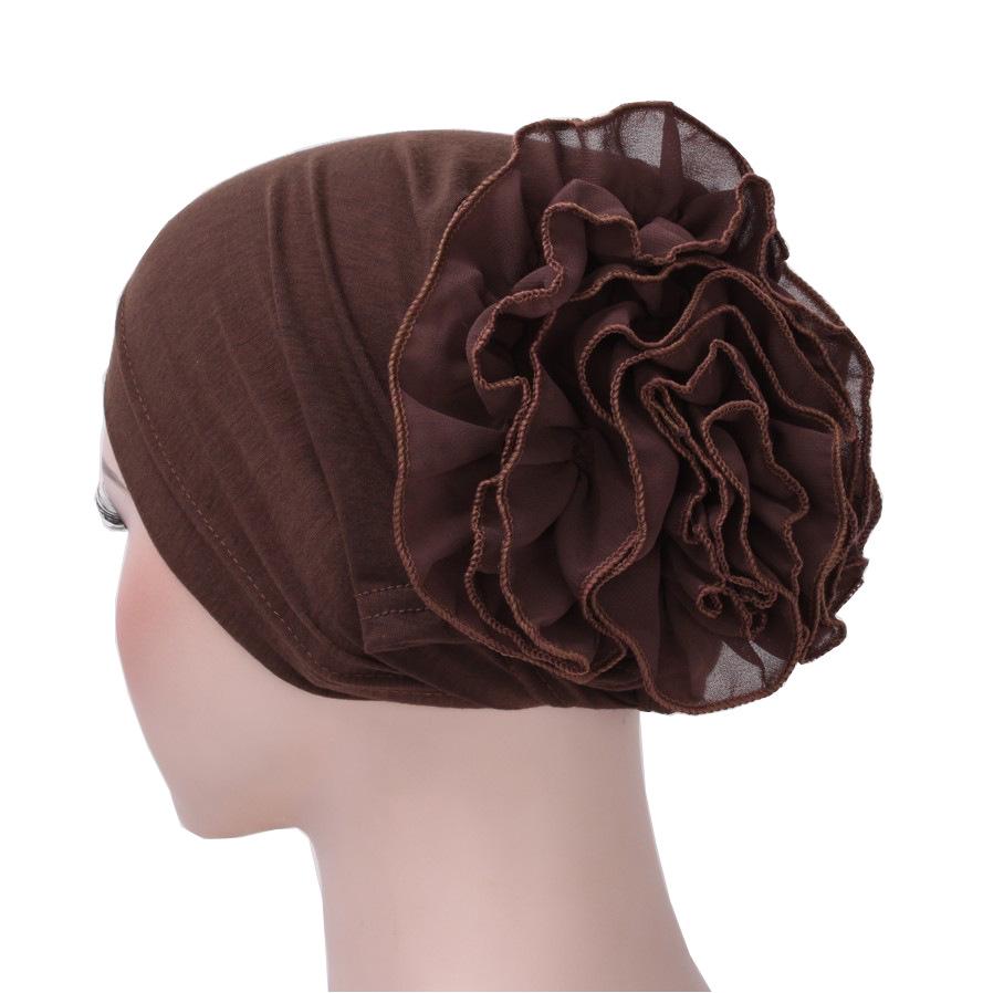 European & American Solid Color Chiffon Floral Muslim Headscarf Hat