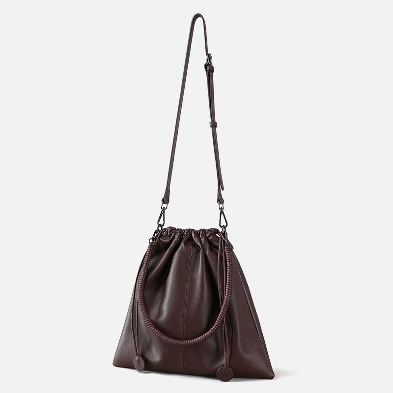 Head-layer Leather Mother Bag Folded Tied Mouth Lazy Style Soft Leather Shoulder Bag Large Capacity Leather Crossbody Bag Women