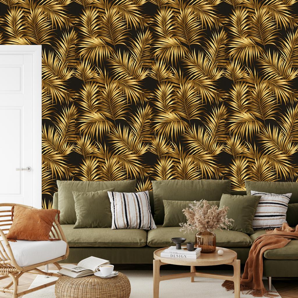 Flowers and Leaves Wallpaper Ochre, Gold, Black and Brown 50x1000