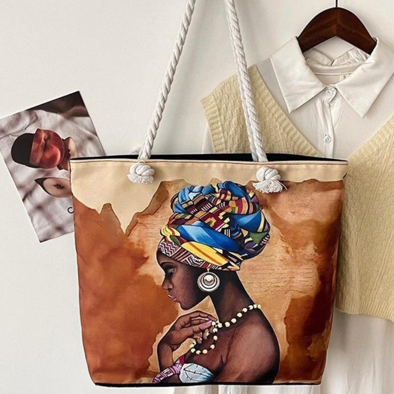 Classic Outdoor Practical Versatile Vintage Canvas Bag Cartoon Printed Portable Beach Bag Large Capacity