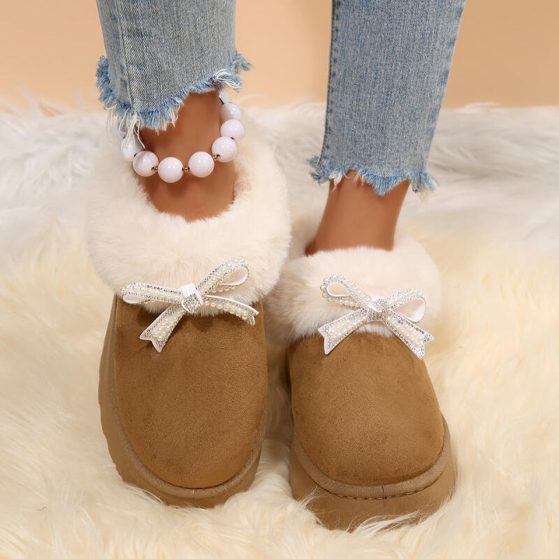 Fashion Thick Bottom Fluffy Fur Snow Boots Women 2025 Winter Warm Plush Ankle Boots with Platform Sweet Bowknot New Furry Non Slip Shoes