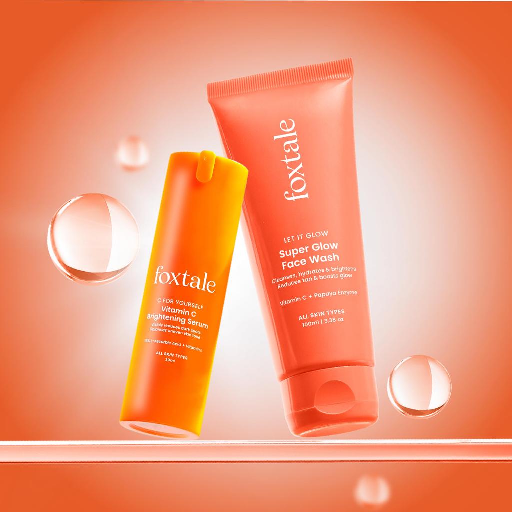 Foxtale Glow & Go Duo | Vitamin C Face Wash with Papaya Enzyme + 15% L-Ascorbic Acid Vitamin C Serum | Brightening, Detan & Glow Boosting | For All