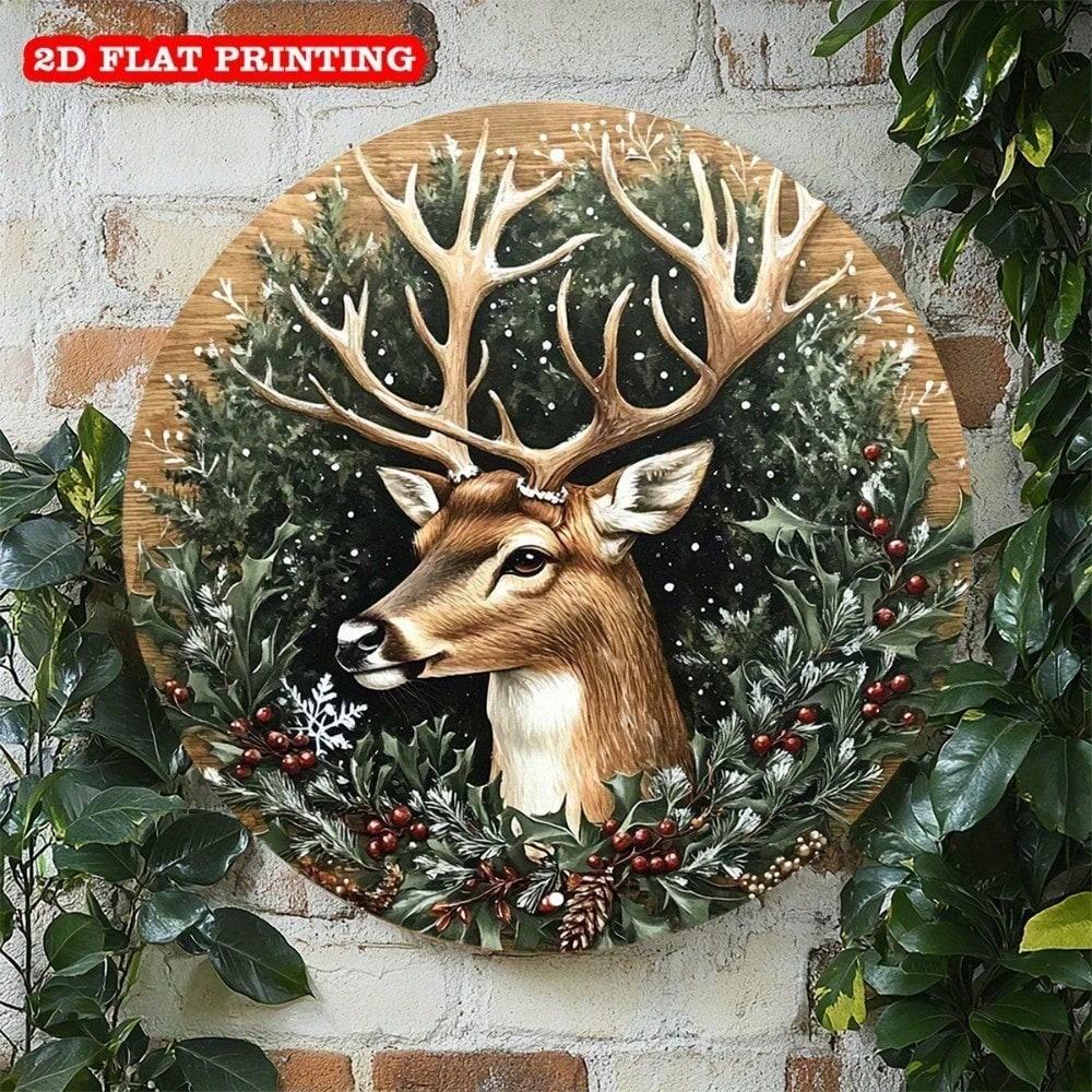 

1pc Rustic Reindeer Aluminum Wall Art Sign 8x8 Inch Round Metal Tin Decor with Pre-Drilled Holes for Easy Hanging Farmhouse Christmas Xmas 20x20