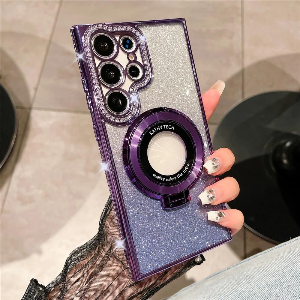 

Магнитный чехол с градиентным блестящим алмазным держателем и подставкой для Samsung S24 S23 Ultra S22 Plus/iphone 15 14 13 12 11 Pro Max Защитный чехол Magsafe Samsung S24 ultra фиолетовый