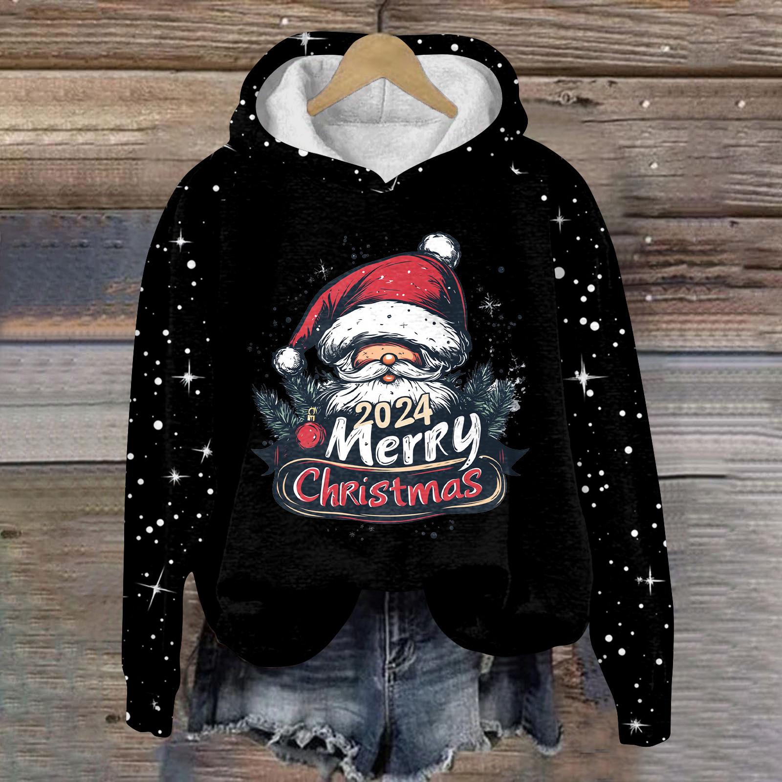 Женская мода повседневный пуловер с рукавами-заглушками и рождественским принтом с капюшоном L чёрный