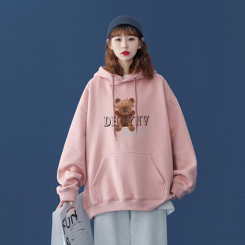 Women's 2026 Winter Printed Velvet Hoodie - Korean Style Loose Fit for Spring and Autumn