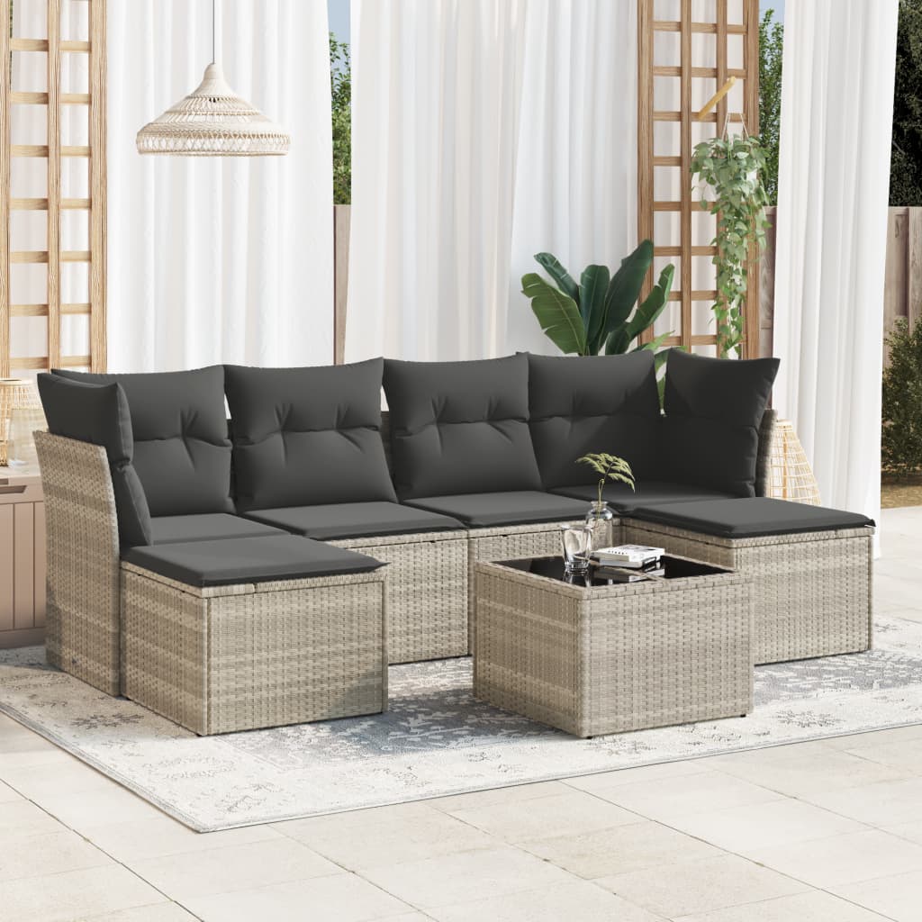 7 piece Garden Sofa Set with Cushions Light Grey Poly Rattan