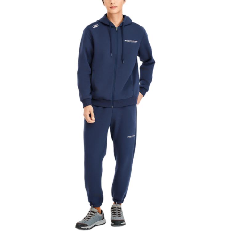 Skechers Basic Sports Series Hooded Zip Long Sleeve Top Comfortable Warm Pants Casual Sports Set Men sets Navy-Blue P424M154-002Z