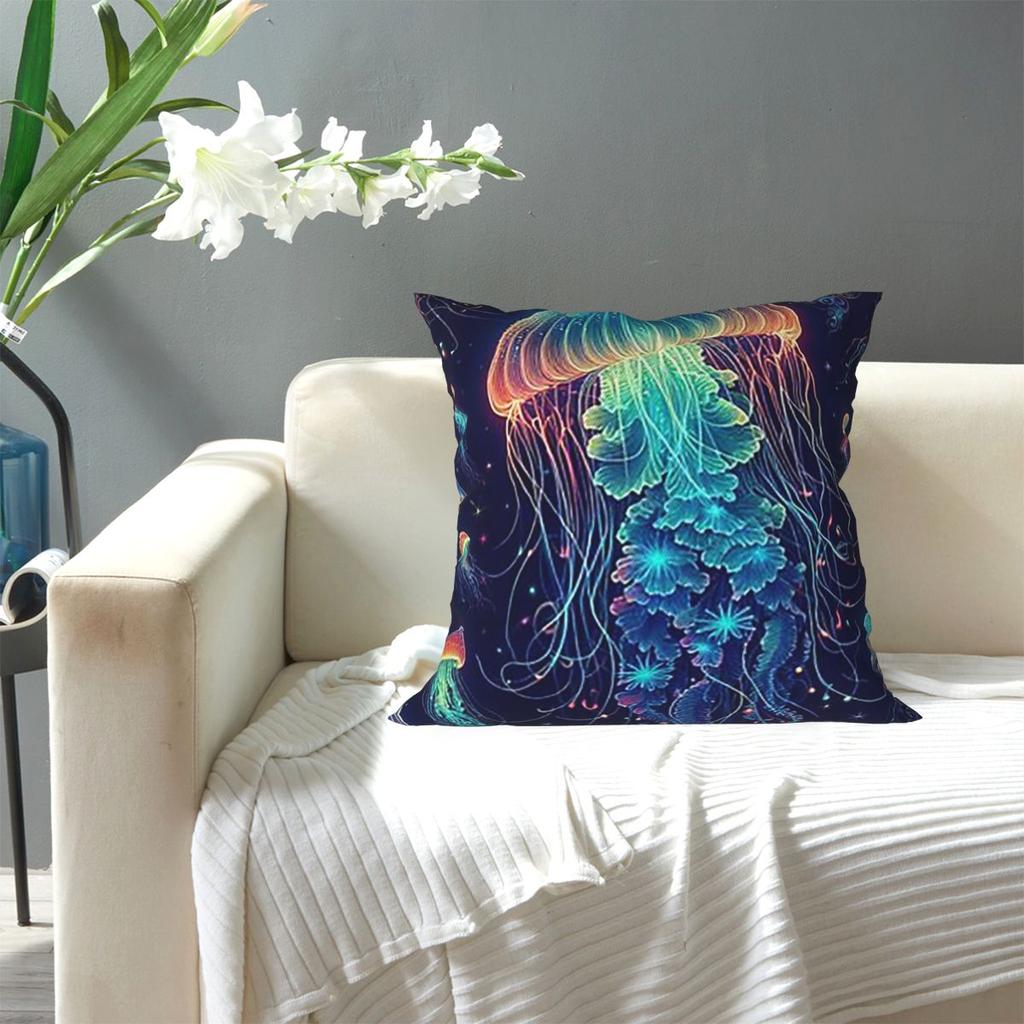 Luminescent Rainbow Jellyfish On Navy Blue Square Pillowcase Pillow Cover Cushion Decor Comfort Throw Pillow for Home Car