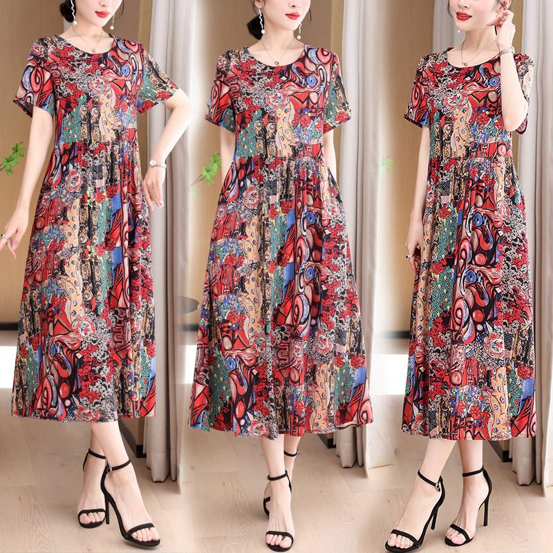 Elegant Long Dresses Women Summer Casual Short Sleeve Vintage Dress Korean Style O-Neck Female Clothing