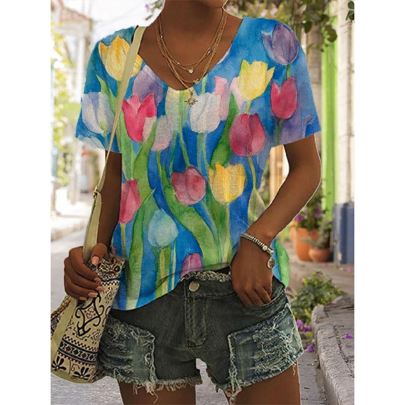 Letní dámské tričko s V-výstřihem, 3D barevným potiskem, módní, ležérní, s krátkým rukávem