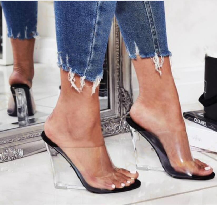 Fashion Sexy Wedge Heel Women's Slippers Transparent Crystal High Heels Summer Women Sandals Peep Toe Woman Shoes Beige Black Slides 8