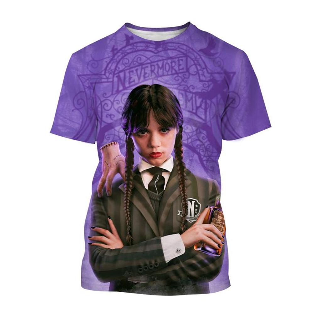 Wednesday Merlina Character Graphic 3D Print Casual Short Sleeved Women's T-shirts - Soft Medium Stretch Polyester Fabric Summer Relaxed Fit Clothing