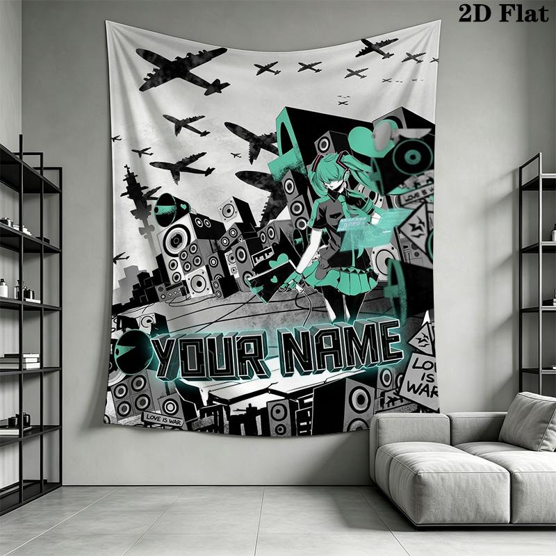 Name Benutzerdefinierte Anime Miku Wandteppich Ästhetischer Wandbehang Bedruckter Stoffdecke Dekorative Wandteppiche für Schlafzimmer Wohnzimmer Heimdekoration
