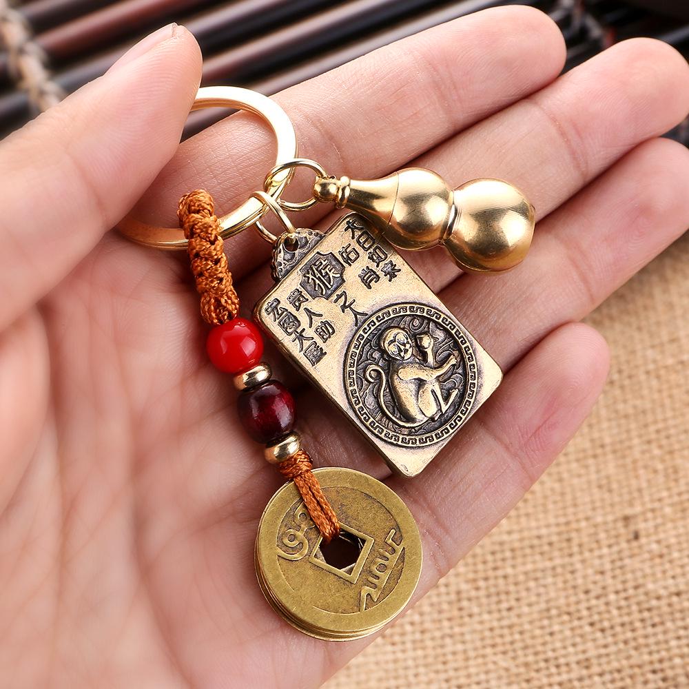 Dual-Sided Zodiac & Guardian God Copper Keychain Pendant