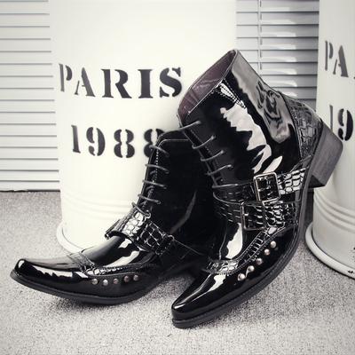 European and American Pointed Martin Boots Men's Patent Leather Punk Trend Rivets Korean Version Cowboy Short Boots Lace Up Short Tube Lace Up T