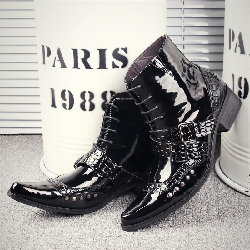 

Европейские и американские остроносые ботинки Мартина мужские лакированная кожа панк тренд заклепки корейская версия ковбойские короткие ботинки на шнуровке короткий голенище шнуровка т 44 чёрный