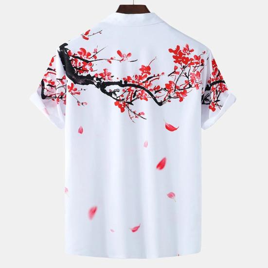 Men Shirt Cardigan Contrast Color Chinese Style Ink and Wash Painting Plum Blossom Summer Top Daily Clothes