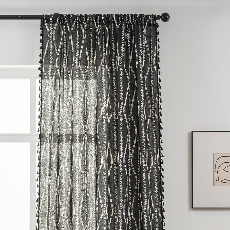 Pruhované Květinové Boho Závěsy do Ložnice Obývacího Pokoje, Bohémské Vintage Střapce Okenní Dekorace Závěs pro Domácí Dekorace Kapsa na Tyč, 1ks