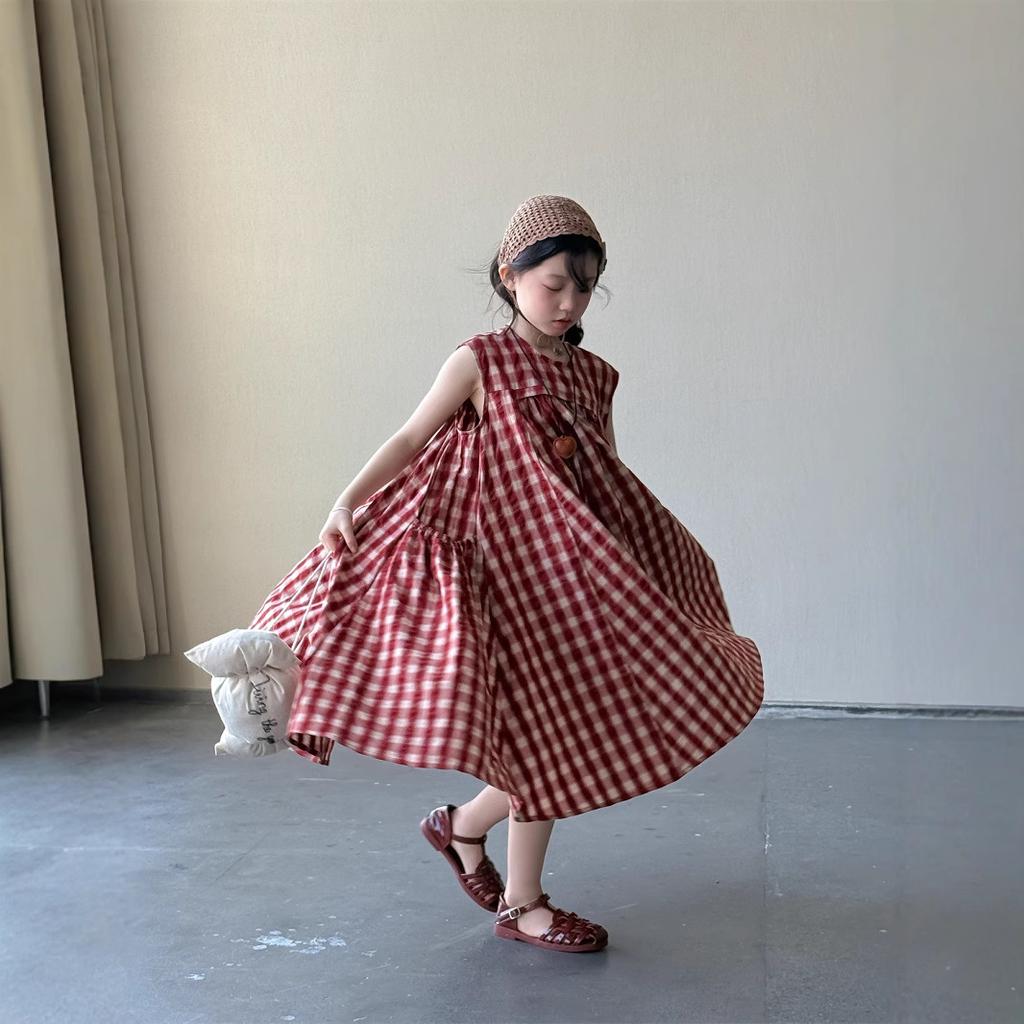 Girls' Plaid Dress Summer Korean Children's Cotton Dress Mid Length Long Skirt