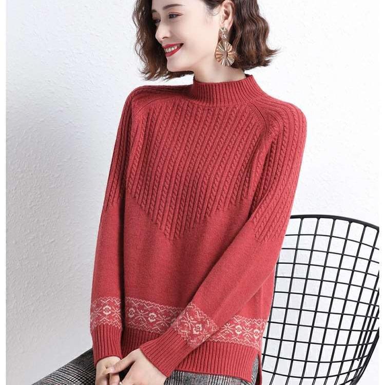 WTEMPO Suéter de punto para mujer Suéter de cuello medio Suéter de mamá suelto Suéter de manga larga de punto