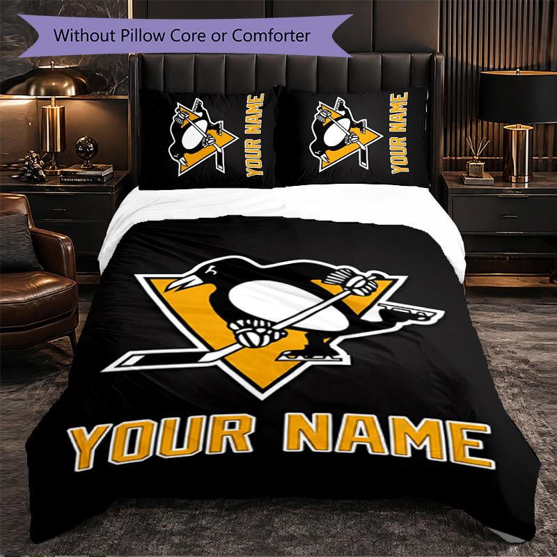 Pittsburgh Penguins Customized Name Text Bedding Set, 1 Duvet Cover & 2 Pillowcases Personalized Bedroom Gift