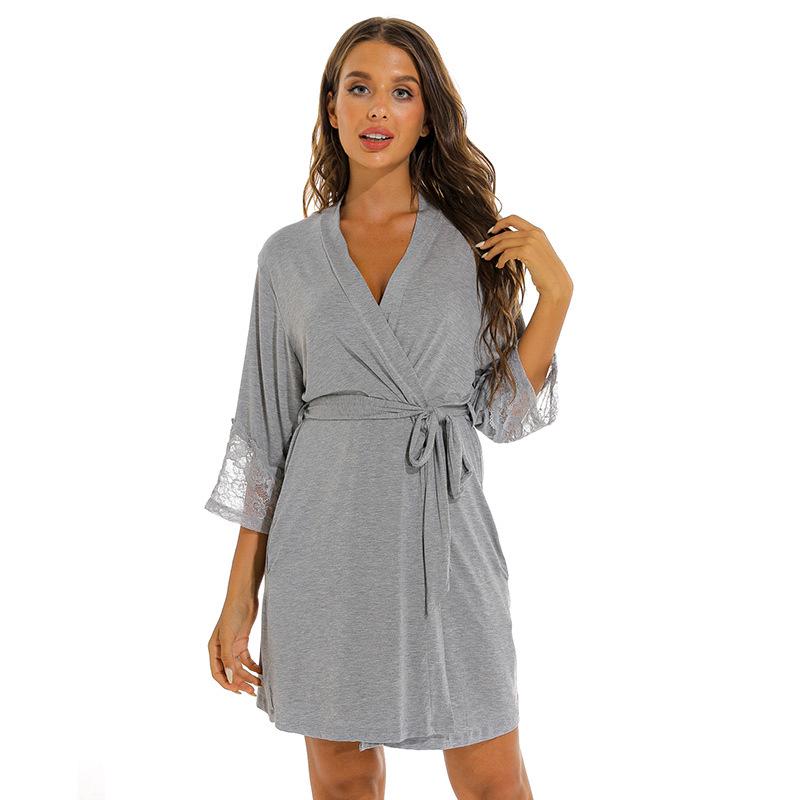 Plus Size Modal Cotton Lace Sleepwear - Women's Solid Color Loose Nightgown/Bathrobe