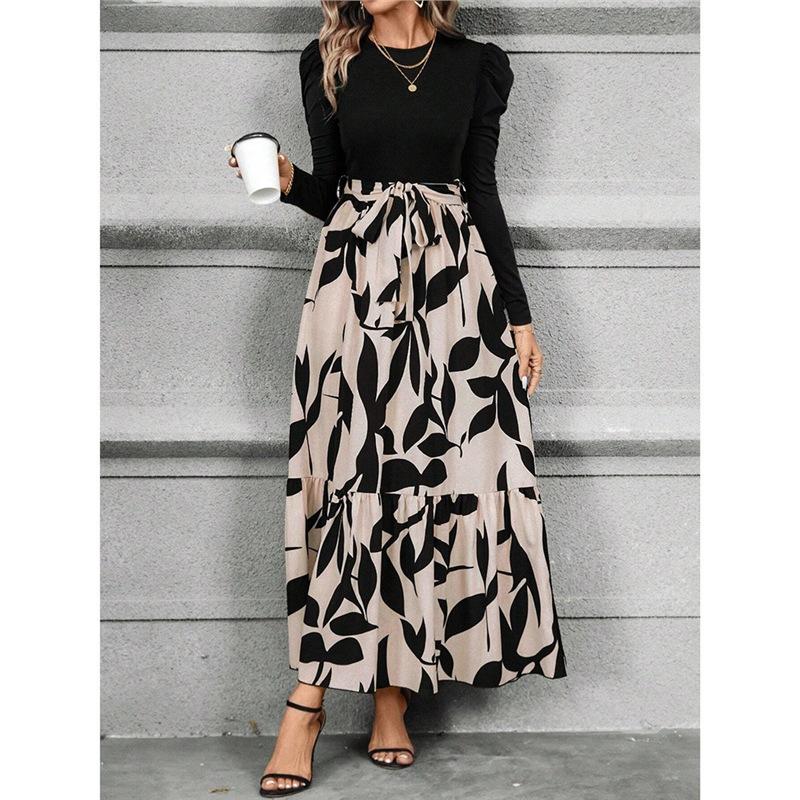 Women's clothing autumn explosion floral printing crew neck long-sleeved dress exotic vacation style elegant even