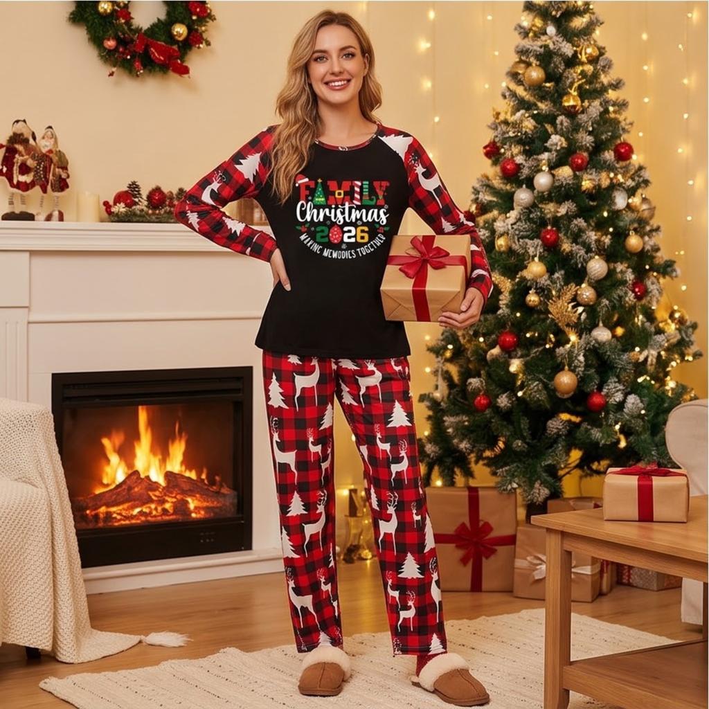 Family Matching Christmas Print Pajama Set with Round Neck Long Sleeve Top and Long Pants
