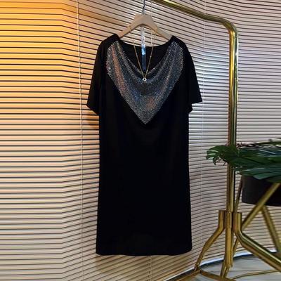 Modă Elegant Nouă Vară Femei Gât Rotund cu Incrustație de Diamante Simplă și Versatilă Mânecă Scurtă Rochie Largă Midi