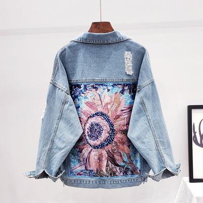 Streetwear Style Women's Bling Diamonds Denim Jacket Print Hole BF Jeans Outwear Female Spring Autumn Casual Loose Cowboy Coat