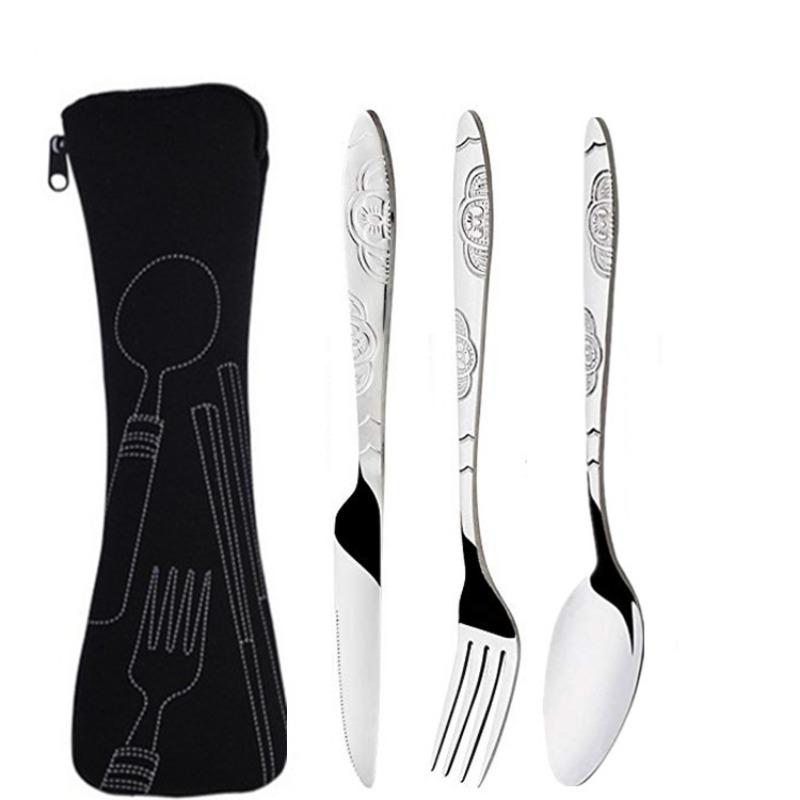 3pcs/set Stainless Steel Western Style Steak Knife Fork Spoon Cloth Bag Portable Western Tableware Creative Gift Set Three-piece