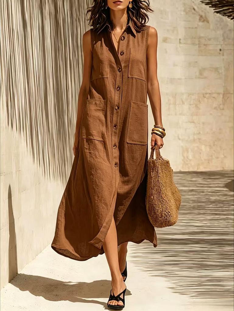 European and American Spring and Summer Sleeveless Skirt High-end Temperament Women's Solid Color Pocket Long Dress Dress