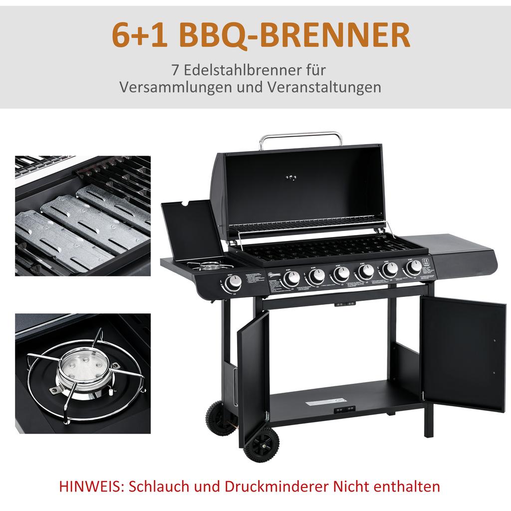 Gas Grill with 7 Burners, Incl. Thermometer, BBQ Grill, Mobile Grill, Black