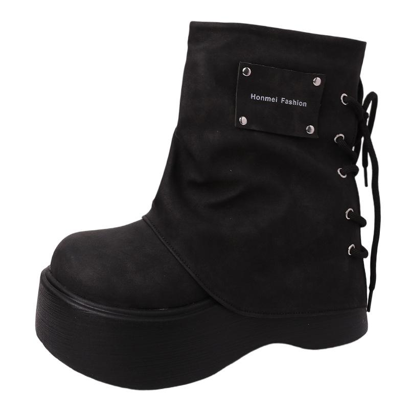 Retro Bak Snøring Skinny Tykke Støvletter Høst og Vinter Allsidige Bukse-Støvletter Dame Martin Støvletter Ridestøvletter