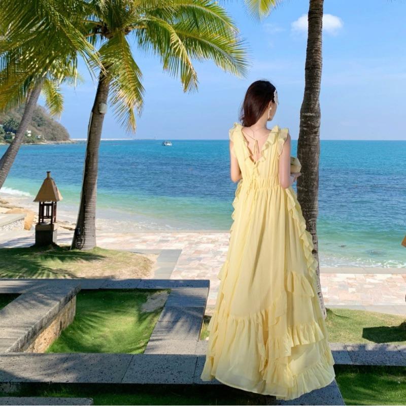 Heavy Industry Irregular Lotus Leaf Swing Waist Dress Fairy Dress French Beach Vacation Dress