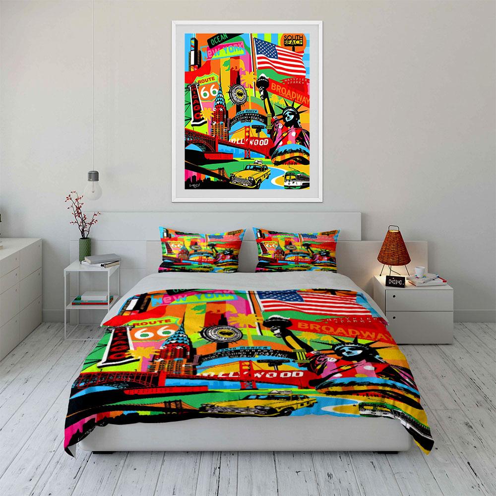 Colorful USA Cityscape Art Decor Bedding Set with 1 Duvet Cover 2 Pillowcases Single Double King Queen, Gift