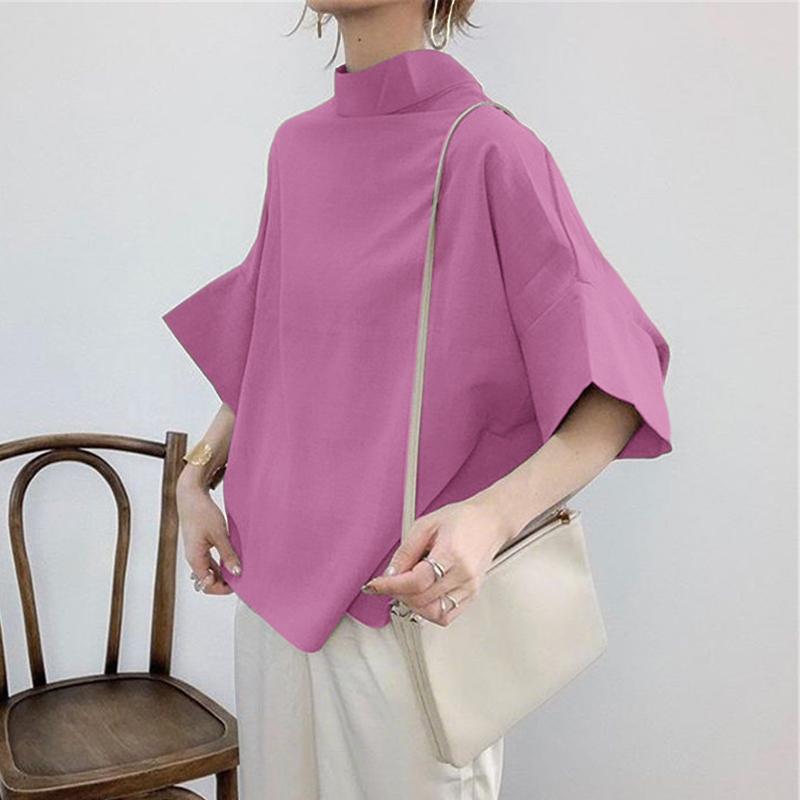 

ZANZEA Женская повседневная блузка с воротником-стойкой, свободная, летняя, с рукавом до локтя 5XL фиолетовый