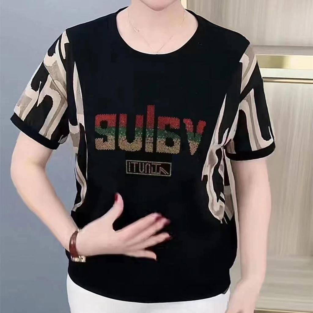 Middle-aged Mother's Temperament Short-sleeved T-shirt for Women's Summer New Large-size Loose and Fashionable Diamond Printed Top