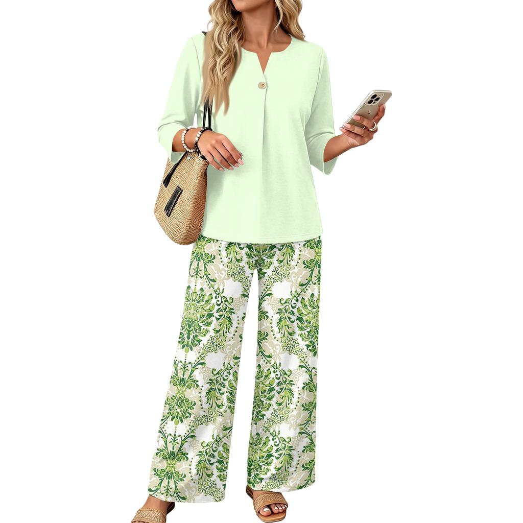 Women’s Casual Printed Button Top and Wide Leg Pants Two Piece Set with Three Quarter Sleeves Relaxed Fit Outfit for Daily Wear
